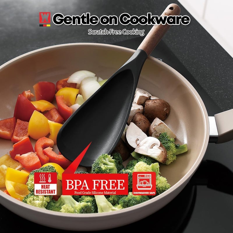 WAGENSTEIGER Silicone Long Head Cooking & Serving Spoon with Wooden Handles: Multi-Functional Design, Silicone Rounded Spatula for Mixing, Scoop, and Scrape, Great for Stir Frying - Image 3